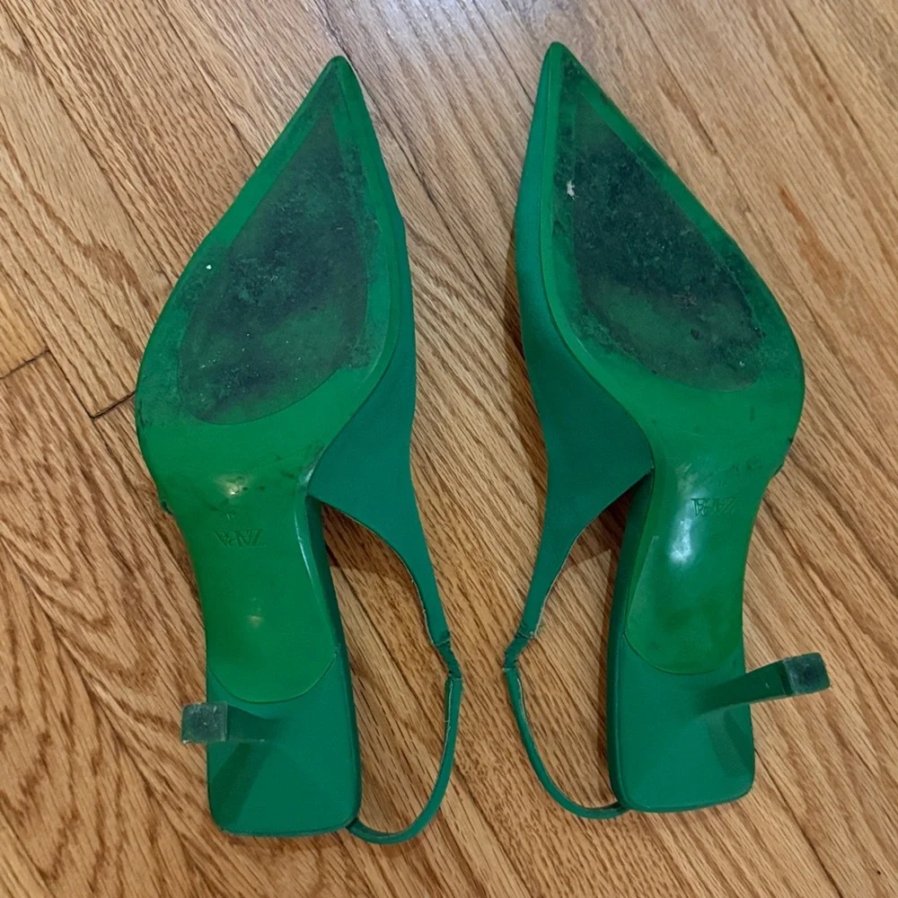 Zara Green Pointed-Toe Slingback Heels - Picture 3 of 4